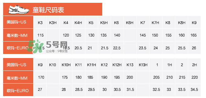 Asics童鞋尺碼對(duì)照表 Asics童鞋尺碼怎么選？